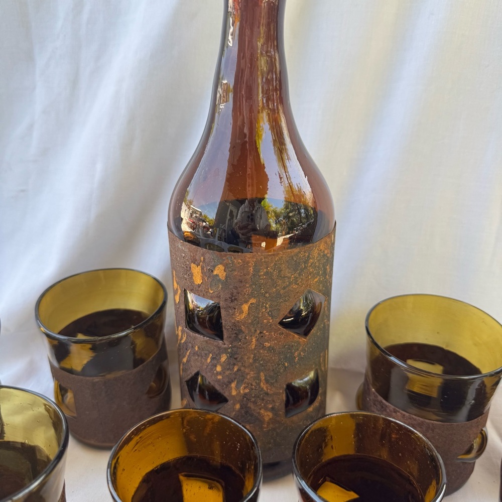 VINTAGE BRUTALIST FELIPE DERFLINGHER IMPRISONED GLASS DECANTER & GLASSES 12PCSET - Picture 5 of 13